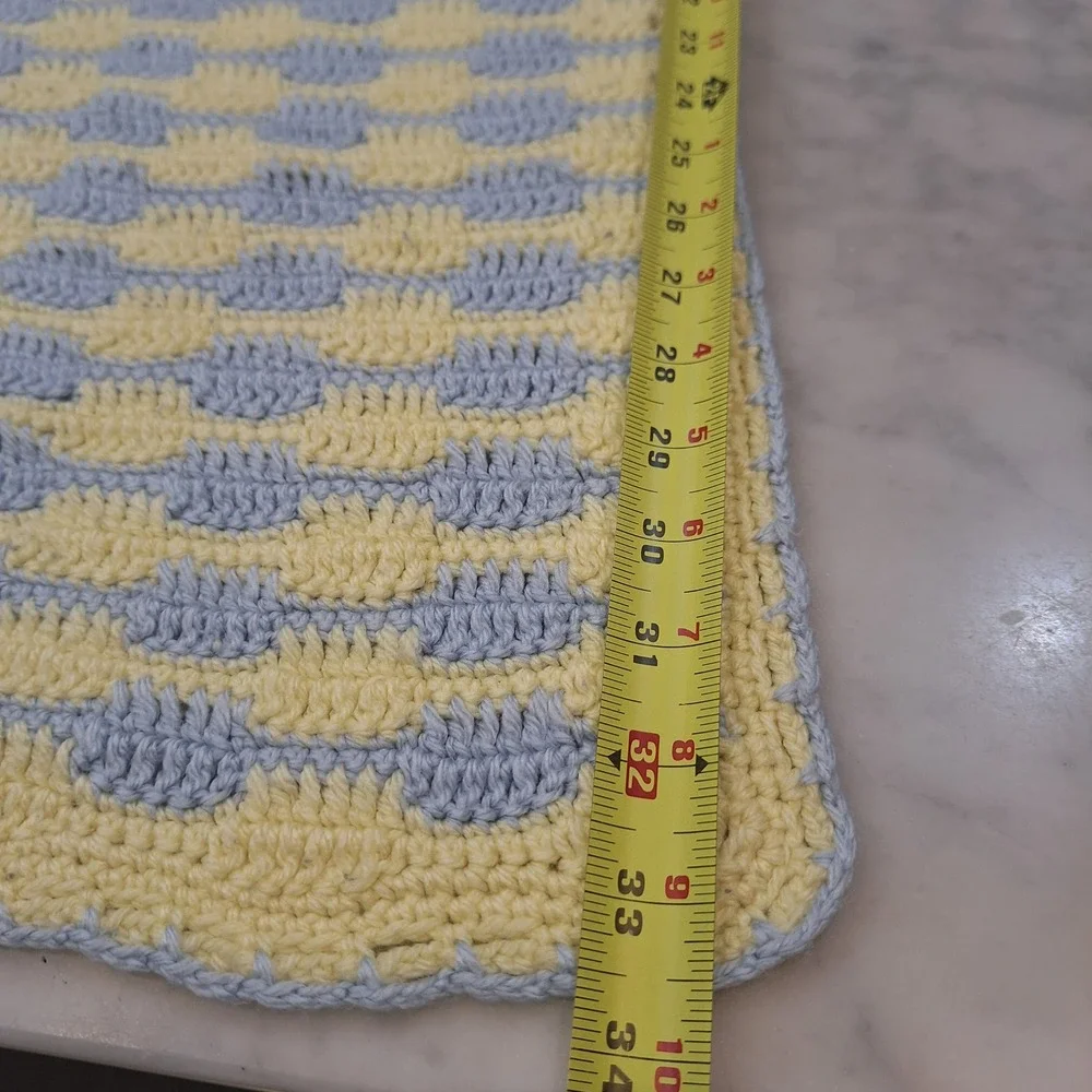 Handmade Crochet Baby Blanket 34x34 Yellow Blue ShellPattern Nursery Cottagecore